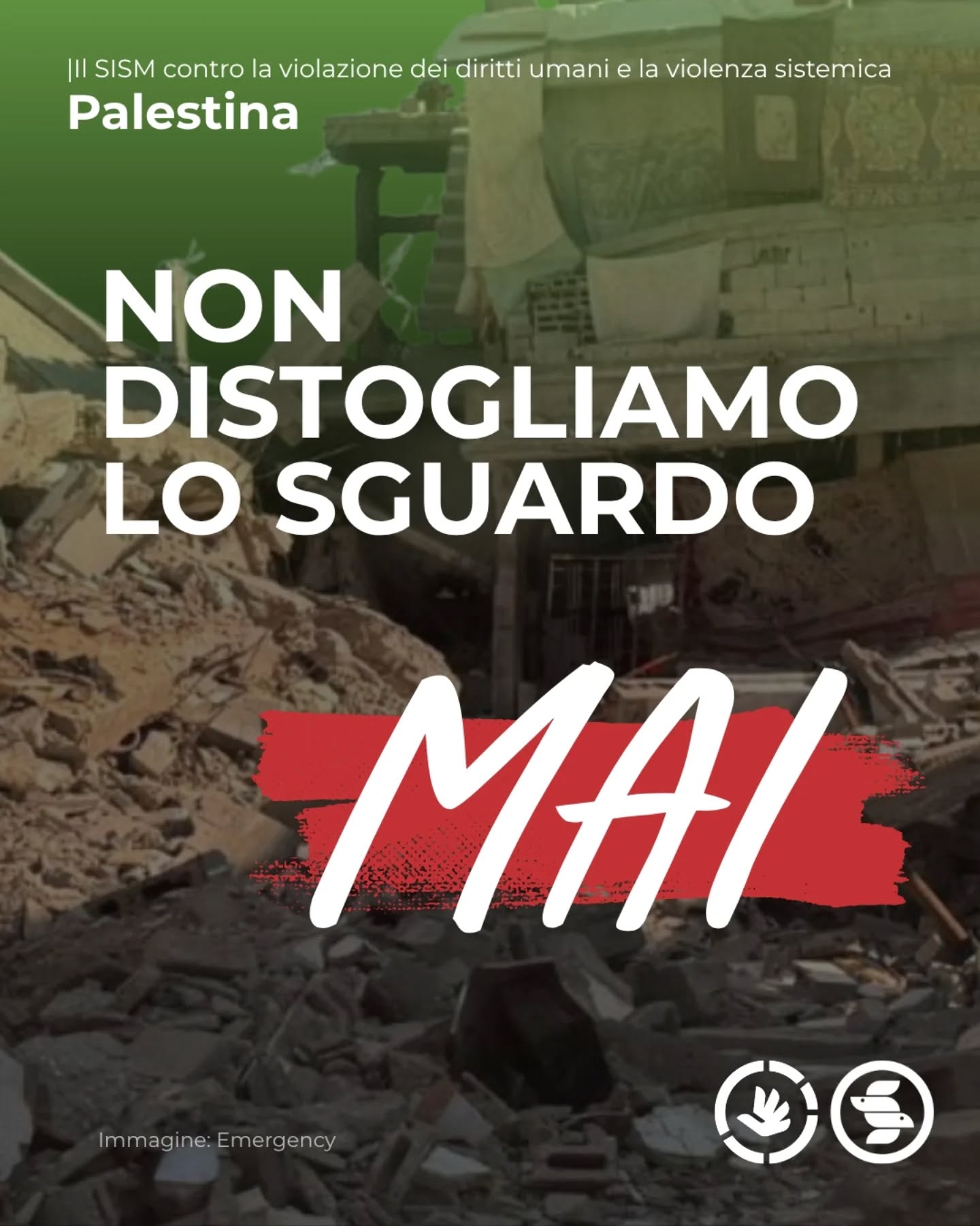L’emergenza per il popolo palestinese è quotidianità e il mondo intero sembra averlo dimenticato. 
A Gaza e in Libano, Israele continua a bombardare e ad uccidere e, per chi rimane, continua a rendere impossibile il primo dei diritti umani: una vita dignitosa.

Povertà sanitaria, scarsità di cibo e acqua, collasso dei sistemi igienici. Le conseguenze non si riflettono solo sulla salute fisica, ma anche su quella mentale per la continua esposizione ad orrore, paura, insicurezza, lutti e violenza.

La nostra mobilitazione deve continuare: continuano il boicottaggio consapevole, la pubblica protesta, la diffusione di informazioni; è così che possiamo combattere il dilagare di indifferenza mediatica e la dilagante indifferenza da parte dei singoli.

Non distogliamo lo sguardo mai perchè "ci si salva e si va avanti se si agisce insieme e non solo uno per uno". 

Segui i nostri aggiornamenti sul sito