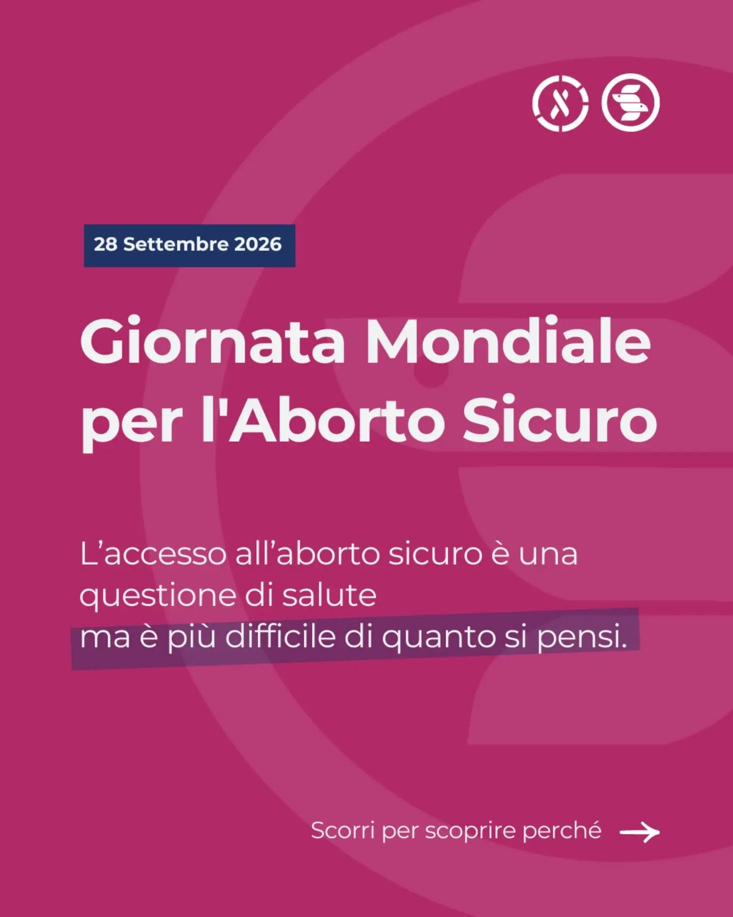 Rendere l'aborto illegale o inaccessibile non lo ferma: lo rende solo pericoloso.
Ogni anno in Europa quasi mezzo milione di persone ricorre ad aborti clandestini a causa di barriere legislative, culturali e burocratiche. Dove l'accesso legale viene ostacolato o negato, la salute e la vita delle persone vengono messe a rischio.
Oggi, nella Giornata Mondiale per l'Aborto Sicuro, ricordiamo che l'autodeterminazione e la salute non sono concessioni, ma diritti umani che devono essere garantiti a chiunque, ovunque e senza barriere.
Garantire un aborto sicuro significa tutelare la salute di tuttɛ