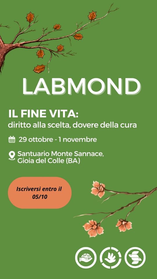 Il tema del fine vita implica una discussione trasversale: medica, legale, etica e, soprattutto, implica una riflessione sul modo in cui scegliamo di prenderci cura delle persone.
Interrogarsi sulle questioni cardine, come l'accesso alle procedure, il ruolo delle strutture sanitarie, le garanzie per i pazienti e il rapporto tra la libertà di scelta individuale e la tutela della vita, è competenza di ogni aspirante o effettivo professionista sanitario.
Per questo ti aspettiamo al Labmond💚
📍 Gioia del Colle (Bari)
📅 29 ottobre – 1 novembre
per un momento di formazione e di confronto sul tema
🔗 Iscriviti al link in bio!!!