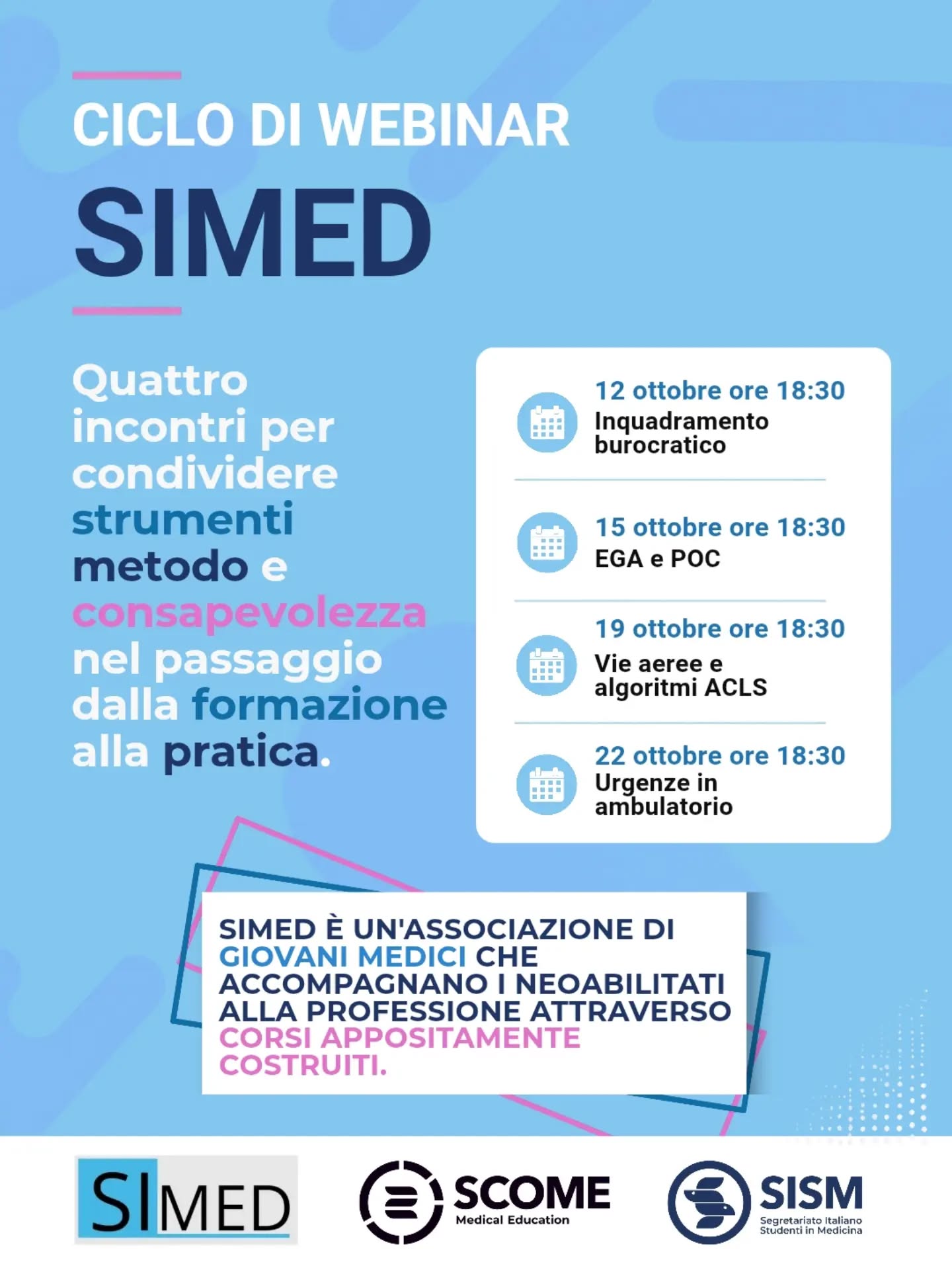 “Ok, ma nella pratica come si fa?”
Da qui nasce questa serie di webinar con la collaborazione della SIMED, quattro incontri dedicati ad alcuni strumenti e situazioni che fanno parte della quotidianità clinica.
📅 12 ottobre — Inquadramento burocratico
📅 15 ottobre — EGA e POC
📅 19 ottobre — Vie aeree e algoritmi ACLS
📅 22 ottobre — Urgenze in ambulatorio
Un’occasione per approfondire metodo, strumenti e consapevolezza, accompagnati da giovani medici che hanno scelto di costruire e condividere percorsi di formazione pensati per avvicinare sempre di più ciò che impariamo alla realtà della pratica clinica.
🔗 Tutte le informazioni e le modalità di partecipazione sono disponibili al link in bio!
Vi aspettiamo numerosi🤍