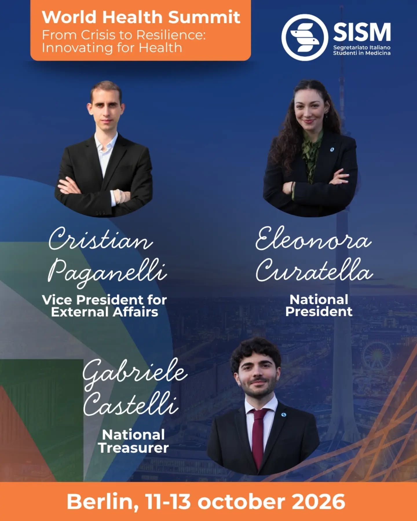 MEET OUR DELEGATION TO @worldhealthsummit
- Dr. Cristian Paganelli - VPE SISM Italy
- Eleonora Curatella - National President SISM Italy
- Gabriele Castelli - National Treasurer SISM Italy
- Federico Delle Castelle - NOME SISM Italy
- Felice Lana - NEO-In SISM Italy
- Clara Cagnazzo - NORP SISM Italy
- Luciano Orabona - NCA SISM Italy
- Vito Laruccia - LC President @sismbari
- Andrea Panvini - LC President @sismcatania
- Tommaso Perin - LORE @sismmodena
- Gianmarco Viggiani - LOME @sismvarese
- Francesca Pasqua Mezzapesa - @sismmodena
- Mani Moezardalan - @sismnapolifed
They will be medical students' voices from Italy, discussing themes such as Global Health, Pandemic Prevention and response, Health Equity, Conflict and Health, Environmental Drivers and much more!